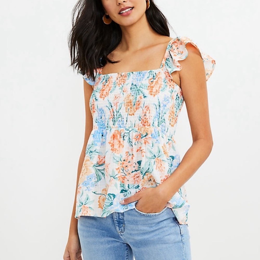 LOFT Garden Smocked Peplum Shell Floral Smocked Peplum Cap sleeves Top NWOT